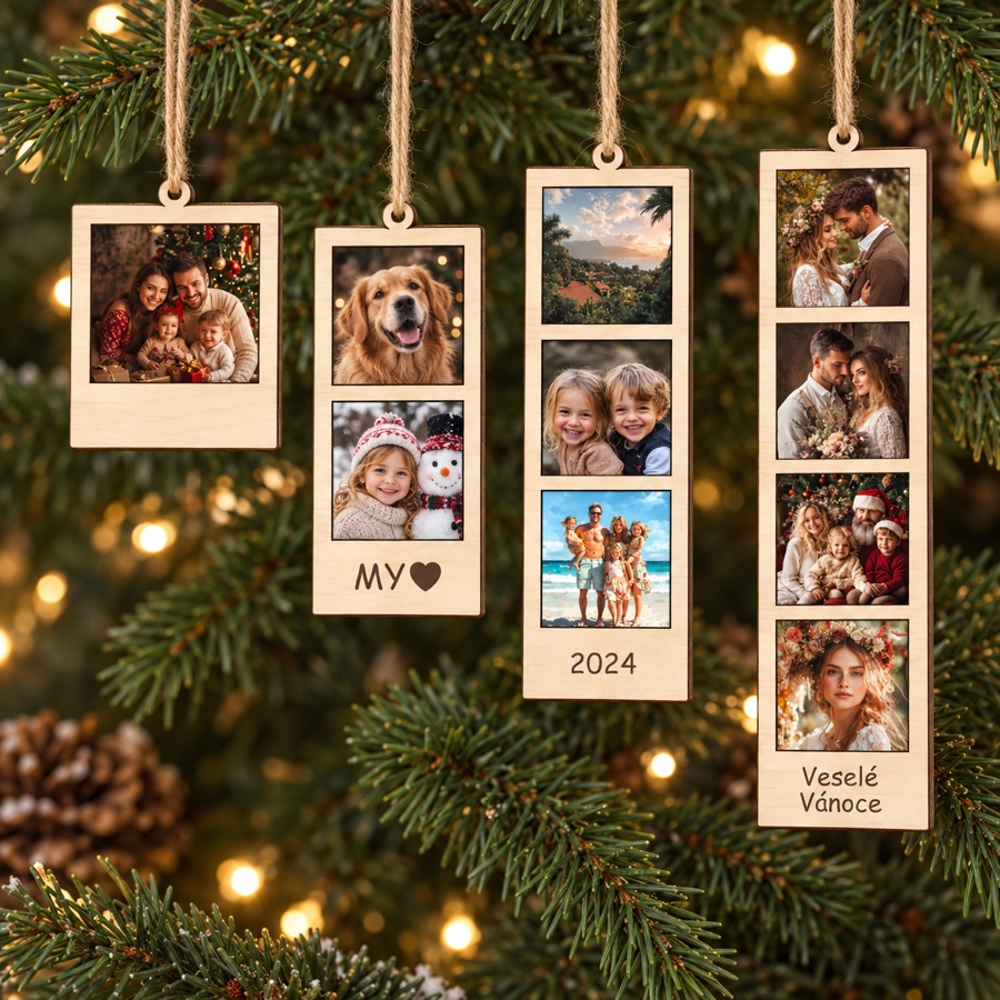 Dřevěné vánoční ozdoby INSTAX s vlastními fotografiemi