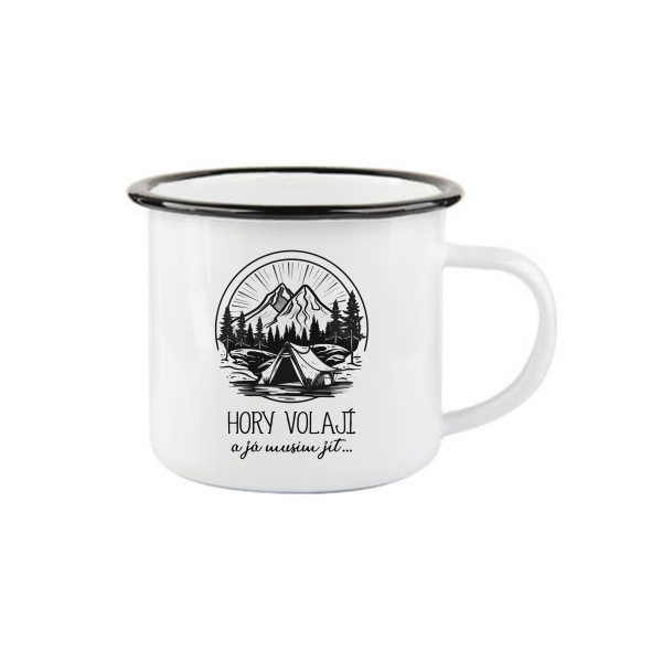 Smaltovaný hrnek (plecháček) Hory volají