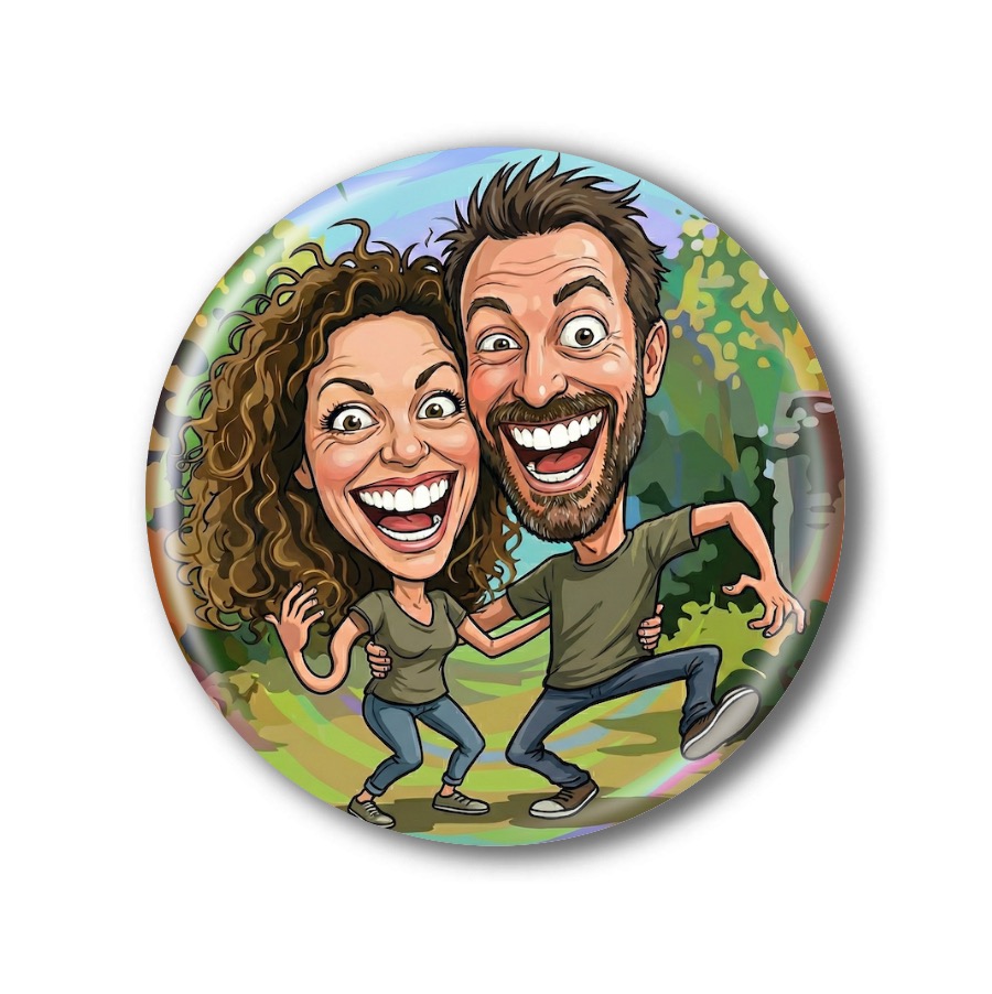 Připínací placka s karikaturou podle vaší fotky