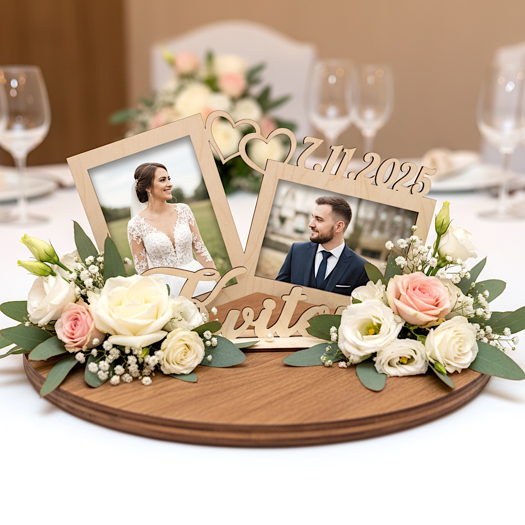 Dřevěné příjmení s fotorámečky na stojanu