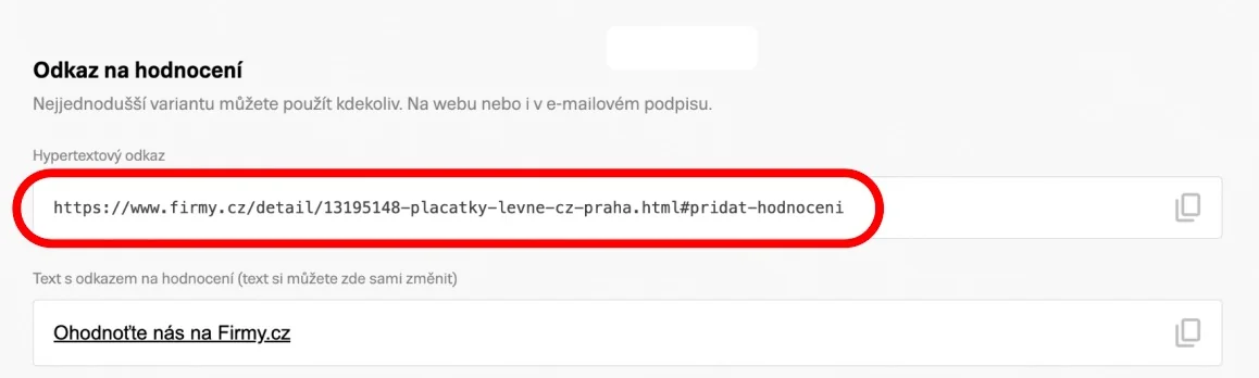 Firmy.cz: sekce Odkaz na hodnocení s polem Hypertextový odkaz a tlačítkem kopírovat