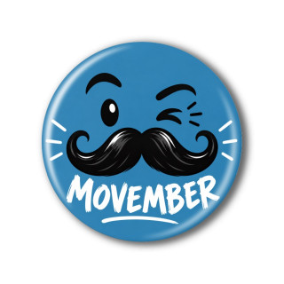 Modrá placka Movember s mrkajícím obličejem, černým zatočeným knírem a bílým nápisem