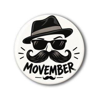 Placka Movember se stylizovaným obličejem v černém klobouku a slunečních brýlích s velkým zatočeným knírem